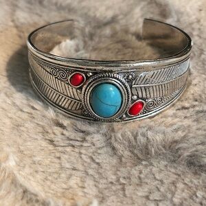 Turquoise & Red Stone Silver-Tone Cuff Bracelet